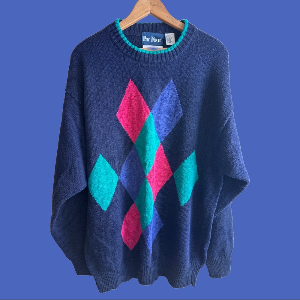Vintage 90s Par Four Hand Loomed Argyle Print Grandpa Sweater